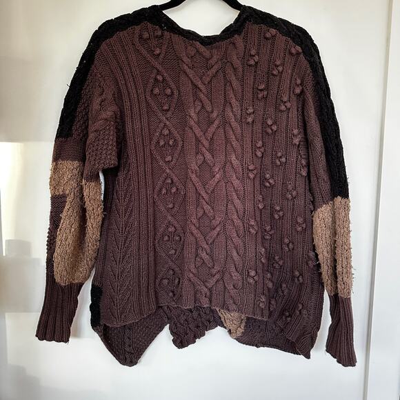 Vintage Patchwork Knit Sweater Brown Black Grunge Textured Uneven Hem sz L/XL - Picture 4 of 10